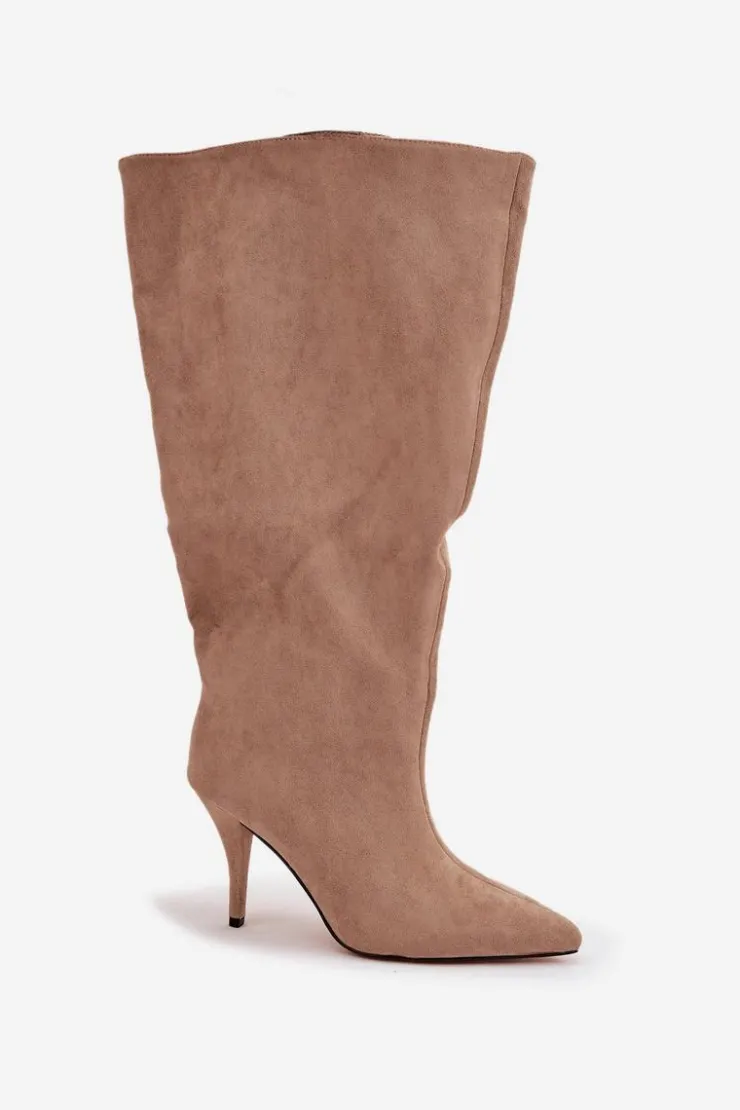 New Boto Wsuwane Kozaki Damskie Na Szpilce Z Eko Zamszu Beżowe Noretta Beżowy