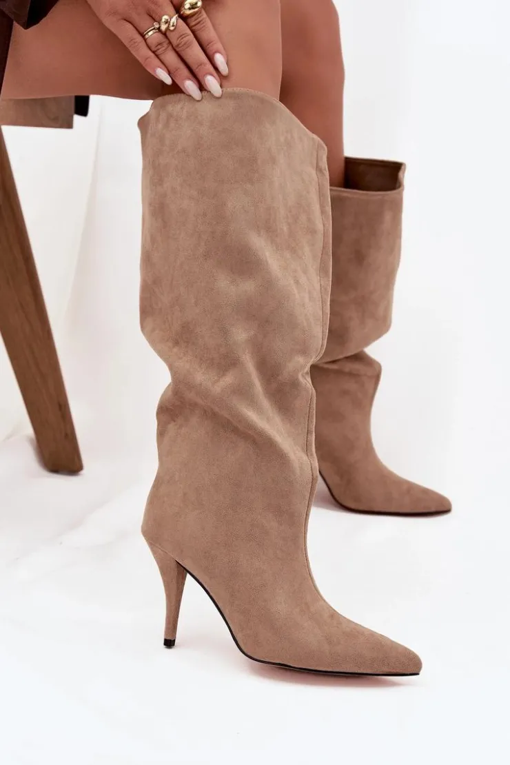 New Boto Wsuwane Kozaki Damskie Na Szpilce Z Eko Zamszu Beżowe Noretta Beżowy