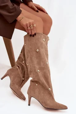 Boto Kozaki Ocieplane|Kozaki Przed Kolano*Wsuwane Kozaki Damskie Na Szpilce Ze Złotymi Ozdobami Beżowe Thaliane Beżowy