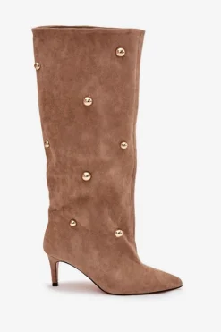 Boto Kozaki Ocieplane|Kozaki Przed Kolano*Wsuwane Kozaki Damskie Na Szpilce Ze Złotymi Ozdobami Beżowe Thaliane Beżowy