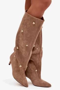 Boto Kozaki Ocieplane|Kozaki Przed Kolano*Wsuwane Kozaki Damskie Na Szpilce Ze Złotymi Ozdobami Beżowe Thaliane Beżowy