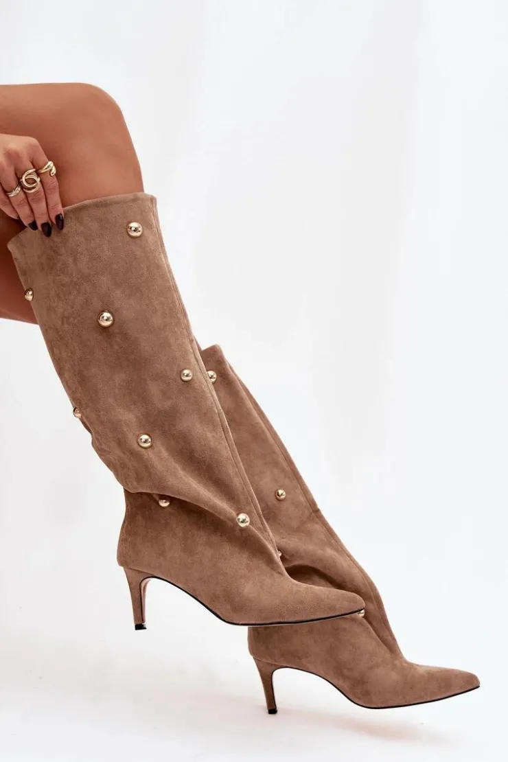 Boto Kozaki Ocieplane|Kozaki Przed Kolano*Wsuwane Kozaki Damskie Na Szpilce Ze Złotymi Ozdobami Beżowe Thaliane Beżowy