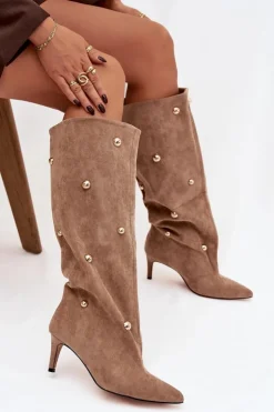 Boto Kozaki Ocieplane|Kozaki Przed Kolano*Wsuwane Kozaki Damskie Na Szpilce Ze Złotymi Ozdobami Beżowe Thaliane Beżowy