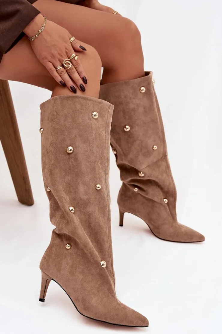 Boto Kozaki Ocieplane|Kozaki Przed Kolano*Wsuwane Kozaki Damskie Na Szpilce Ze Złotymi Ozdobami Beżowe Thaliane Beżowy