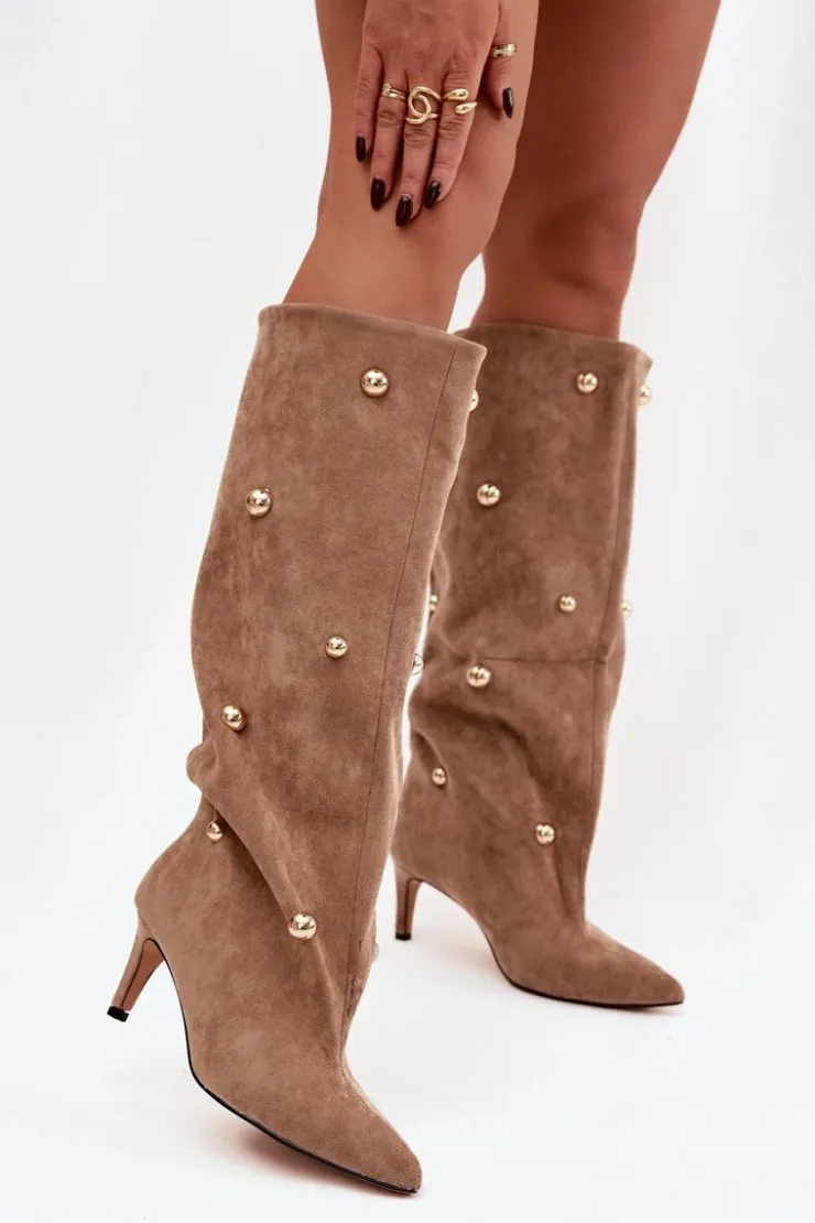 Boto Kozaki Ocieplane|Kozaki Przed Kolano*Wsuwane Kozaki Damskie Na Szpilce Ze Złotymi Ozdobami Beżowe Thaliane Beżowy