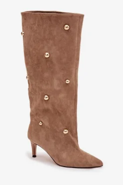 Boto Kozaki Ocieplane|Kozaki Przed Kolano*Wsuwane Kozaki Damskie Na Szpilce Ze Złotymi Ozdobami Beżowe Thaliane Beżowy