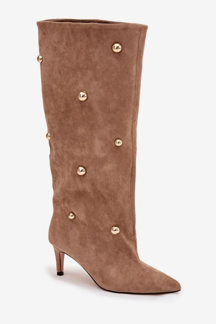 Boto Kozaki Ocieplane|Kozaki Przed Kolano*Wsuwane Kozaki Damskie Na Szpilce Ze Złotymi Ozdobami Beżowe Thaliane Beżowy