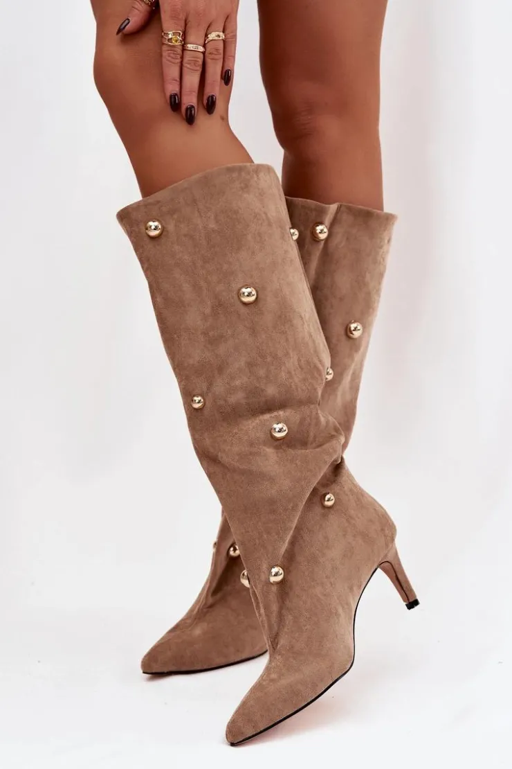 Boto Kozaki Ocieplane|Kozaki Przed Kolano*Wsuwane Kozaki Damskie Na Szpilce Ze Złotymi Ozdobami Beżowe Thaliane Beżowy