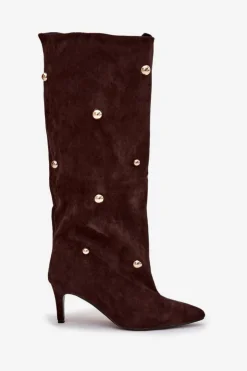 Hot Boto Wsuwane Kozaki Damskie Na Szpilce Ze Złotymi Ozdobami Czekoladowe Thaliane Brązowy