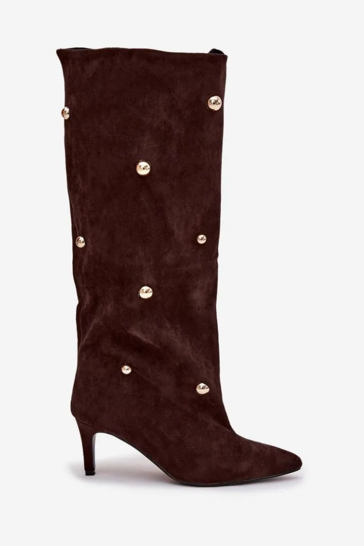 Hot Boto Wsuwane Kozaki Damskie Na Szpilce Ze Złotymi Ozdobami Czekoladowe Thaliane Brązowy