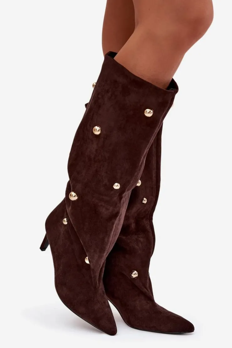 Hot Boto Wsuwane Kozaki Damskie Na Szpilce Ze Złotymi Ozdobami Czekoladowe Thaliane Brązowy