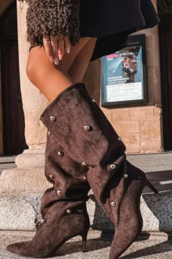 Hot Boto Wsuwane Kozaki Damskie Na Szpilce Ze Złotymi Ozdobami Czekoladowe Thaliane Brązowy