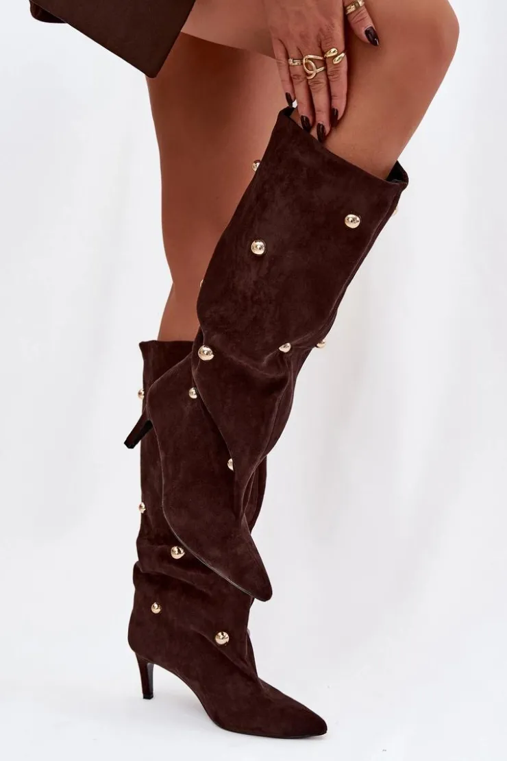 Hot Boto Wsuwane Kozaki Damskie Na Szpilce Ze Złotymi Ozdobami Czekoladowe Thaliane Brązowy