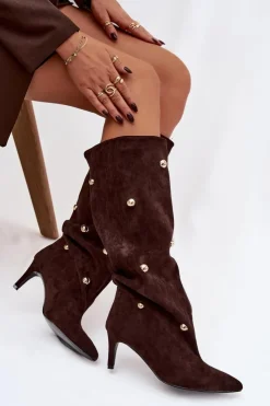 Hot Boto Wsuwane Kozaki Damskie Na Szpilce Ze Złotymi Ozdobami Czekoladowe Thaliane Brązowy