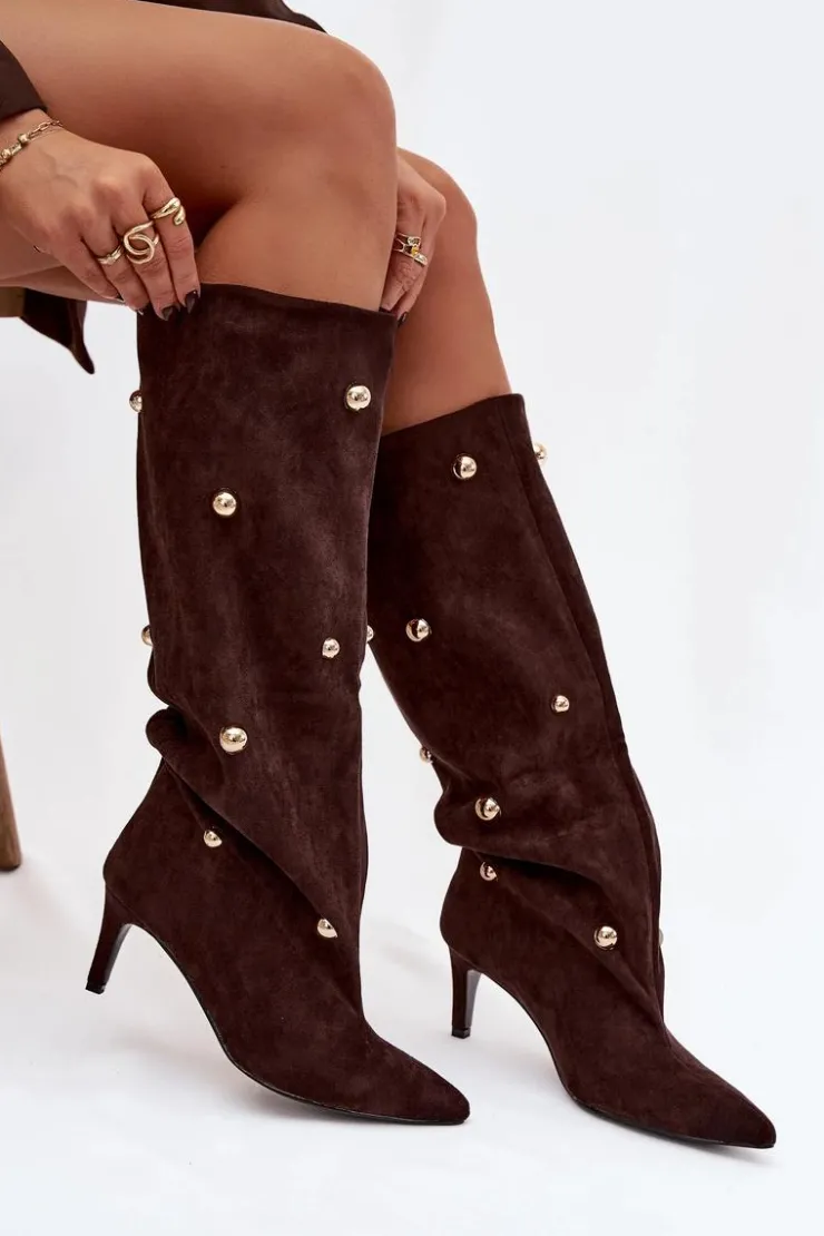 Hot Boto Wsuwane Kozaki Damskie Na Szpilce Ze Złotymi Ozdobami Czekoladowe Thaliane Brązowy