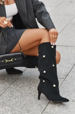 Online Boto Wsuwane Kozaki Damskie Na Szpilce Ze Złotymi Ozdobami Czarne Thaliane