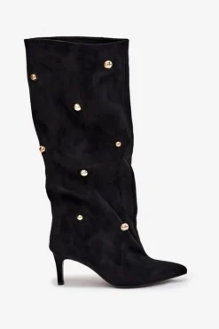 Online Boto Wsuwane Kozaki Damskie Na Szpilce Ze Złotymi Ozdobami Czarne Thaliane