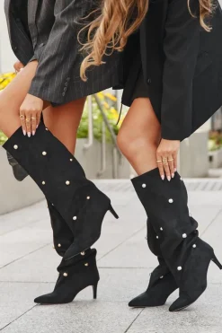 Online Boto Wsuwane Kozaki Damskie Na Szpilce Ze Złotymi Ozdobami Czarne Thaliane