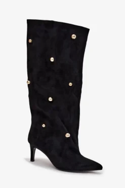 Online Boto Wsuwane Kozaki Damskie Na Szpilce Ze Złotymi Ozdobami Czarne Thaliane