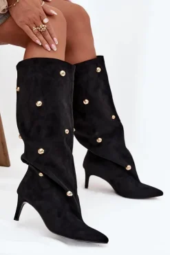 Online Boto Wsuwane Kozaki Damskie Na Szpilce Ze Złotymi Ozdobami Czarne Thaliane
