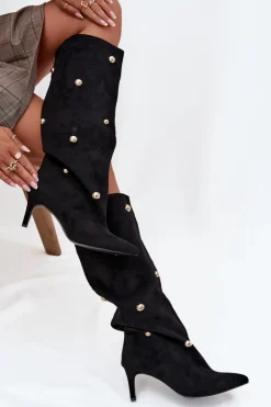 Online Boto Wsuwane Kozaki Damskie Na Szpilce Ze Złotymi Ozdobami Czarne Thaliane