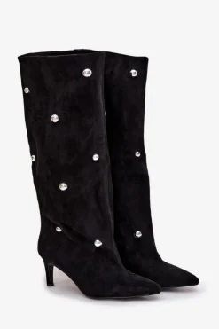 Damskie Boto Wsuwane Kozaki Damskie Na Szpilce Ze Srebrnymi Ozdobami Czarne Thaliane