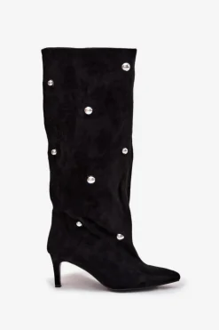 Damskie Boto Wsuwane Kozaki Damskie Na Szpilce Ze Srebrnymi Ozdobami Czarne Thaliane