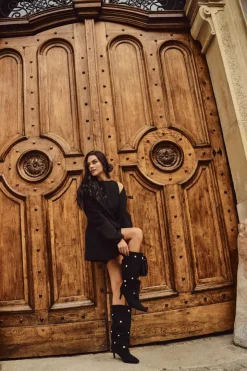 Damskie Boto Wsuwane Kozaki Damskie Na Szpilce Ze Srebrnymi Ozdobami Czarne Thaliane