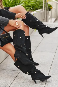 Damskie Boto Wsuwane Kozaki Damskie Na Szpilce Ze Srebrnymi Ozdobami Czarne Thaliane