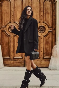 Damskie Boto Wsuwane Kozaki Damskie Na Szpilce Ze Srebrnymi Ozdobami Czarne Thaliane