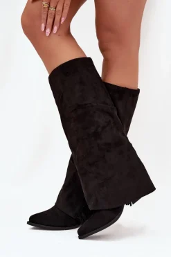 Damskie Boto Wsuwane Kozaki Kowbojki Damskie Na Słupku Z Frędzlami Czarne Zalia