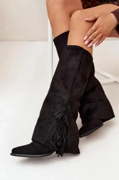 Damskie Boto Wsuwane Kozaki Kowbojki Damskie Na Słupku Z Frędzlami Czarne Zalia