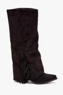 Damskie Boto Wsuwane Kozaki Kowbojki Damskie Na Słupku Z Frędzlami Czarne Zalia
