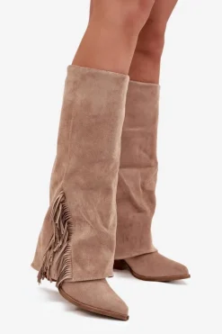 Boto Wsuwane Kozaki Kowbojki Damskie Na Słupku Z Frędzlami Beżowe Zalia Beżowy