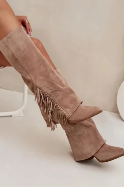 Boto Wsuwane Kozaki Kowbojki Damskie Na Słupku Z Frędzlami Beżowe Zalia Beżowy