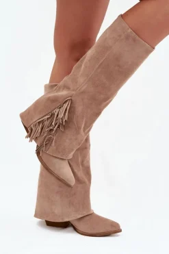Boto Wsuwane Kozaki Kowbojki Damskie Na Słupku Z Frędzlami Beżowe Zalia Beżowy