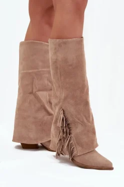 Boto Wsuwane Kozaki Kowbojki Damskie Na Słupku Z Frędzlami Beżowe Zalia Beżowy