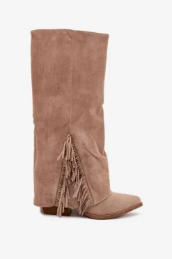 Boto Wsuwane Kozaki Kowbojki Damskie Na Słupku Z Frędzlami Beżowe Zalia Beżowy