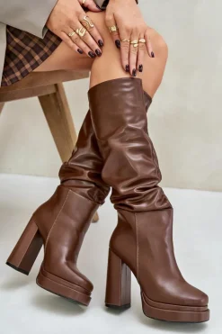 Boto Kozaki Ocieplane|Kozaki Na Słupku*Wsuwane Kozaki Na Słupku I Platformie Z Marszczeniem Ocieplane Brązowe Beridra Brązowy