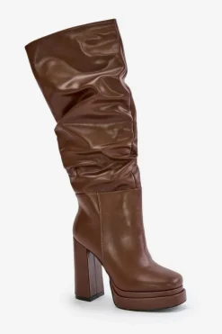 Boto Kozaki Ocieplane|Kozaki Na Słupku*Wsuwane Kozaki Na Słupku I Platformie Z Marszczeniem Ocieplane Brązowe Beridra Brązowy