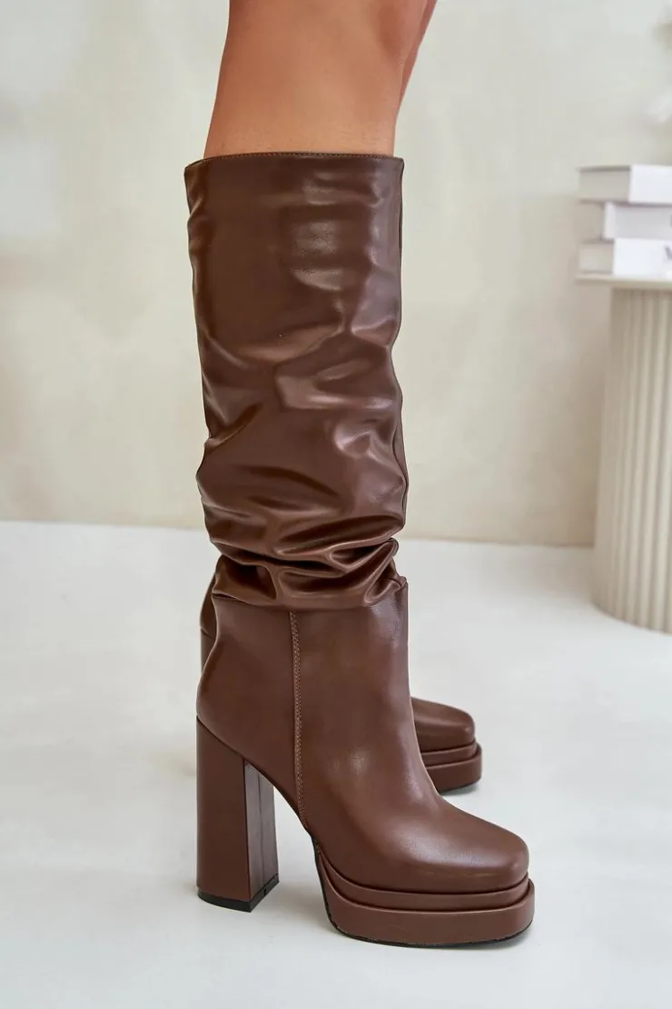 Boto Kozaki Ocieplane|Kozaki Na Słupku*Wsuwane Kozaki Na Słupku I Platformie Z Marszczeniem Ocieplane Brązowe Beridra Brązowy