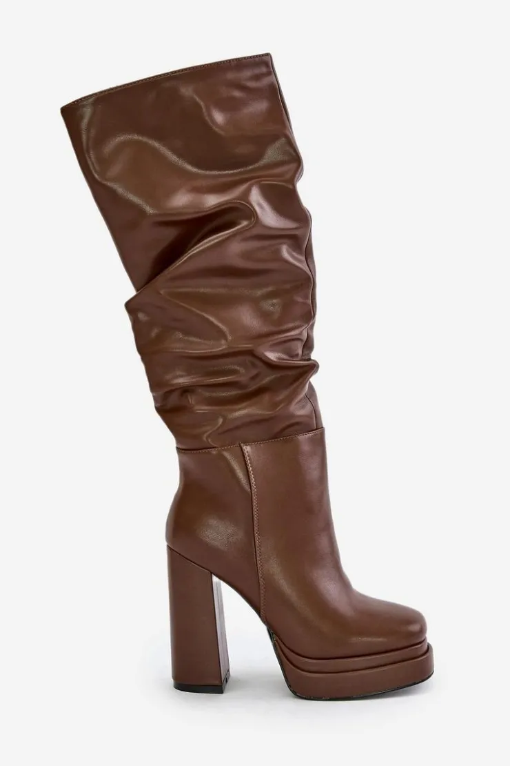 Boto Kozaki Ocieplane|Kozaki Na Słupku*Wsuwane Kozaki Na Słupku I Platformie Z Marszczeniem Ocieplane Brązowe Beridra Brązowy