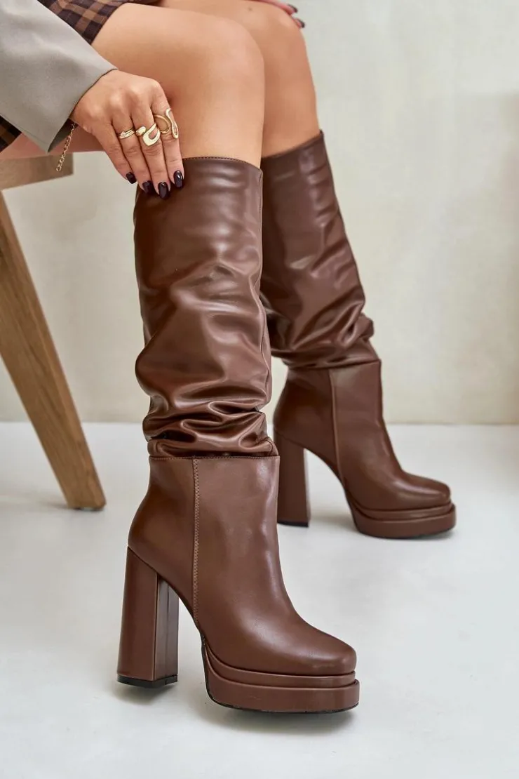 Boto Kozaki Ocieplane|Kozaki Na Słupku*Wsuwane Kozaki Na Słupku I Platformie Z Marszczeniem Ocieplane Brązowe Beridra Brązowy