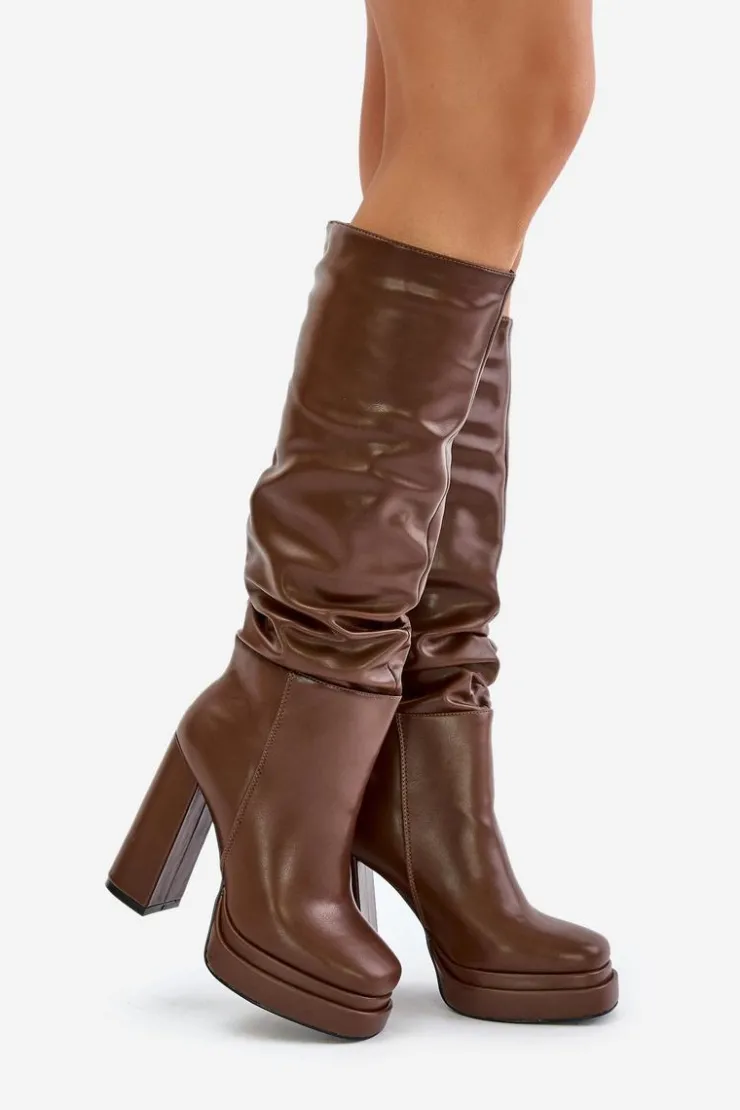 Boto Kozaki Ocieplane|Kozaki Na Słupku*Wsuwane Kozaki Na Słupku I Platformie Z Marszczeniem Ocieplane Brązowe Beridra Brązowy