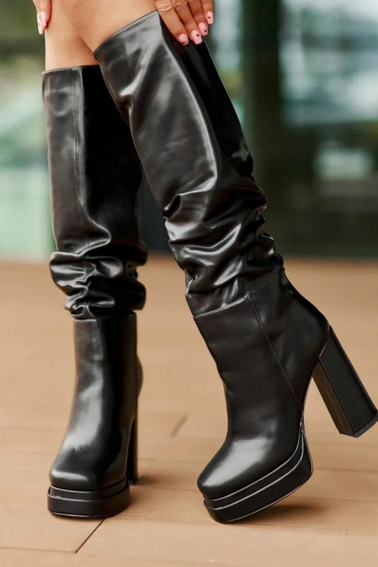 Best Boto Wsuwane Kozaki Na Słupku I Platformie Z Marszczeniem Ocieplane Czarne Beridra