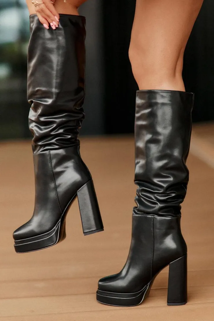 Best Boto Wsuwane Kozaki Na Słupku I Platformie Z Marszczeniem Ocieplane Czarne Beridra