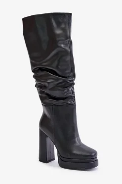 Best Boto Wsuwane Kozaki Na Słupku I Platformie Z Marszczeniem Ocieplane Czarne Beridra