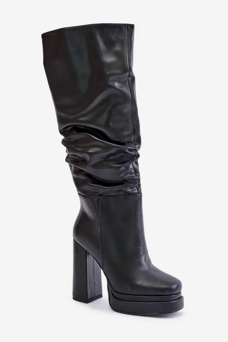 Best Boto Wsuwane Kozaki Na Słupku I Platformie Z Marszczeniem Ocieplane Czarne Beridra