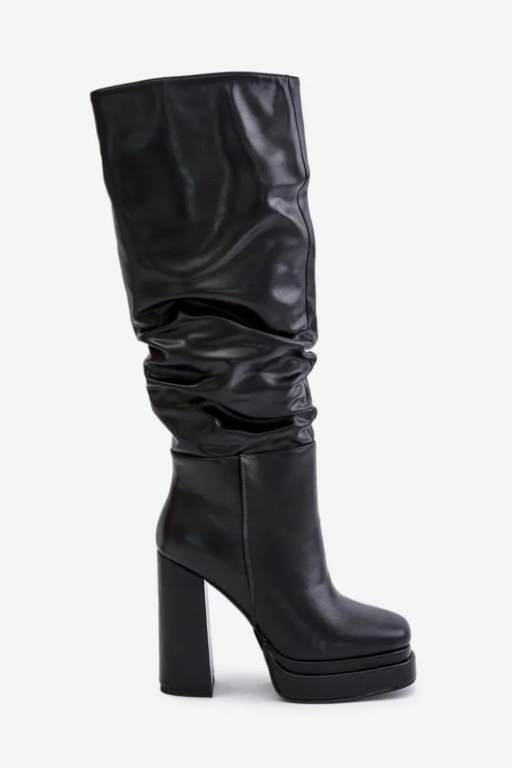 Best Boto Wsuwane Kozaki Na Słupku I Platformie Z Marszczeniem Ocieplane Czarne Beridra