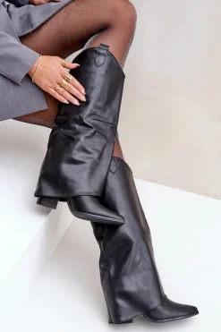 Boto Kozaki Przed Kolano|Kozaki Na Obcasie*Wsuwane Kozaki Z Wywiniętą Cholewką Na Słupku Czarne Rialivia